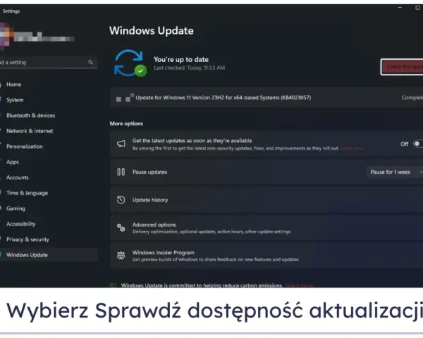 Ekran Ustawień Windows z sekcją Windows Update. Kliknij "Sprawdź dostępność aktualizacji", aby dowiedzieć się, jak włączyć aktualizacje Windows 10.