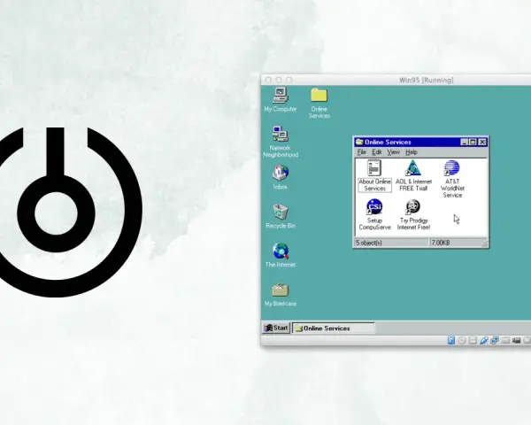 Ekran Windows 95 z ikonami usług online. Dowiedz się, jak zablokować ekran Windows, aby chronić swoje dane.