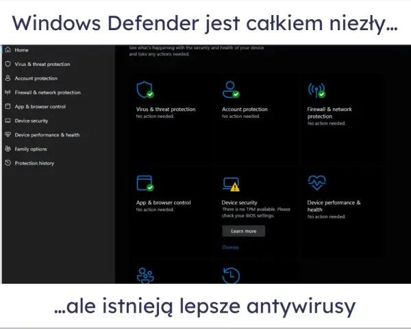Ekran Windows Defender pokazuje ochronę antywirusową i inne zabezpieczenia. Choć jest dobry, istnieją lepsze antywirusy.