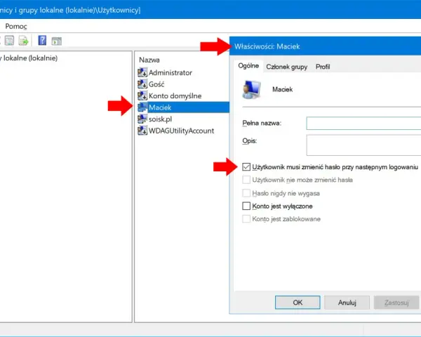 Zarządzanie użytkownikami Windows 10: okno właściwości konta Maciek, gdzie można ustawić uprawnienia administratora.