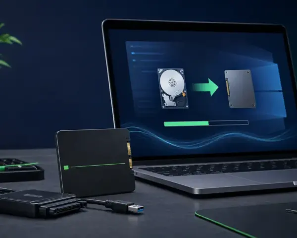 Klonowanie dysku M.2 na nowy SSD. Laptop pokazuje proces kopiowania danych z HDD na SSD.