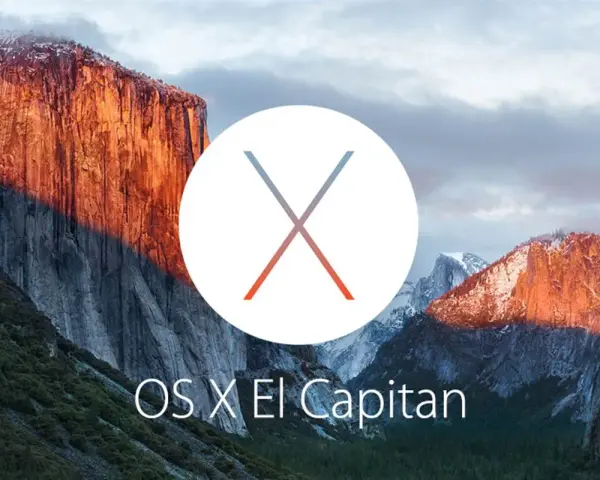 Ikona OS X El Capitan (macOS 10.11) na tle górskiego krajobrazu.