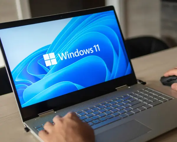 Pierwsze uruchomienie komputera z systemem Windows 11. Dłoń użytkownika przesuwa myszkę, a ekran laptopa wyświetla logo systemu.
