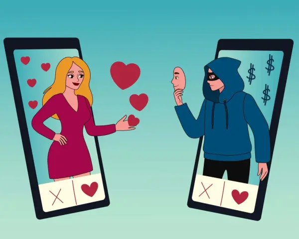 Oszust w masce ukrywa swoje zamiary, gdy kobieta na ekranie telefonu wysyła serduszka. To przykład co to catfishing – fałszywa tożsamość w sieci dla zysku.