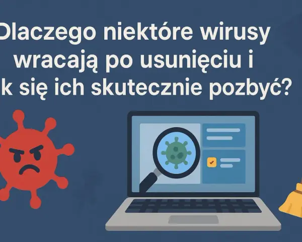Zły wirus na ekranie laptopa, lupa bada go, a miotła czeka. Dowiedz się, co to jest wirus i jak go pokonać.