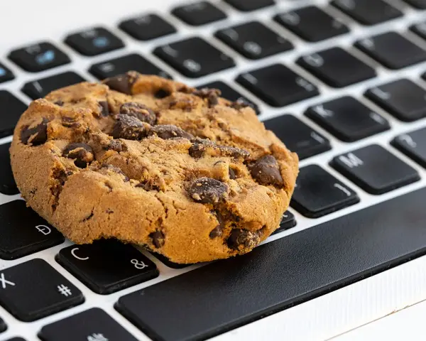 Ciasteczko z kawałkami czekolady leży na klawiaturze laptopa. Czy to są ciasteczka, które śledzą Twoje kliknięcia?