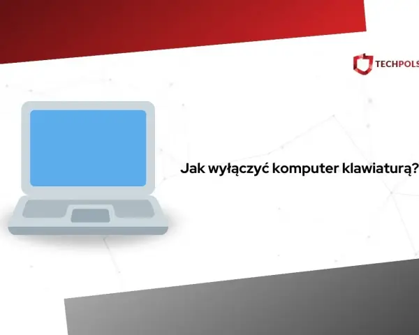Grafika z laptopem i tekstem "Jak wyłączyć komputer klawiaturą?". Dowiedz się, jak szybko zamknąć system.