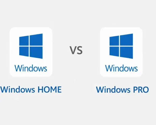 Porównanie: Windows HOME vs Windows PRO. Dwa logotypy Windows z napisem "Windows HOME" i "Windows PRO".