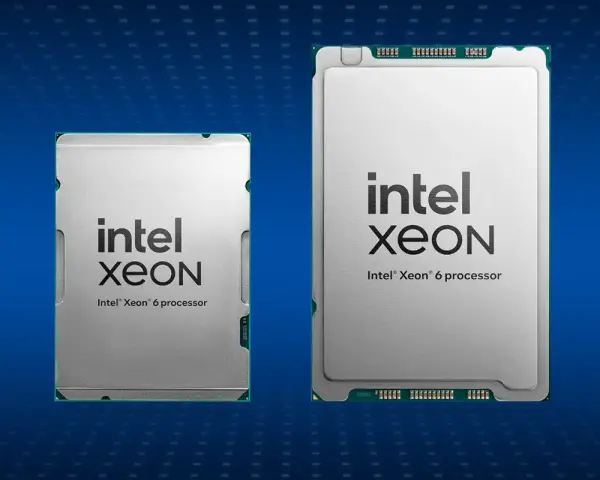 Dwa procesory Intel Xeon, jeden mniejszy, drugi większy, na niebieskim tle.
