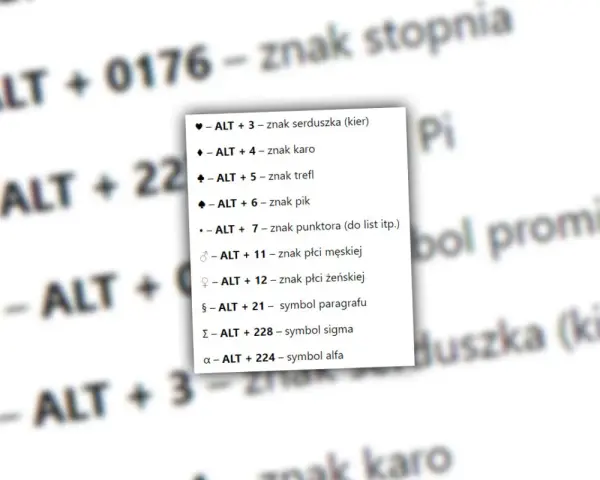 Lista skrótów klawiszowych ALT do wprowadzania specjalnych znaków na klawiaturze komputera, np. serduszka, karo, stopnia.