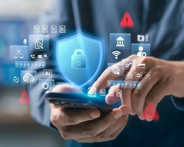 Dłonie trzymające smartfon, nad którym wyświetlają się ikony symbolizujące zasady bezpieczeństwa: tarcza z kłódką, ostrzeżenia, dane.