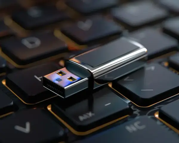 Srebrny pendrive na klawiaturze. Dowiedz się, jak zaszyfrować pendrive, by chronić swoje dane.