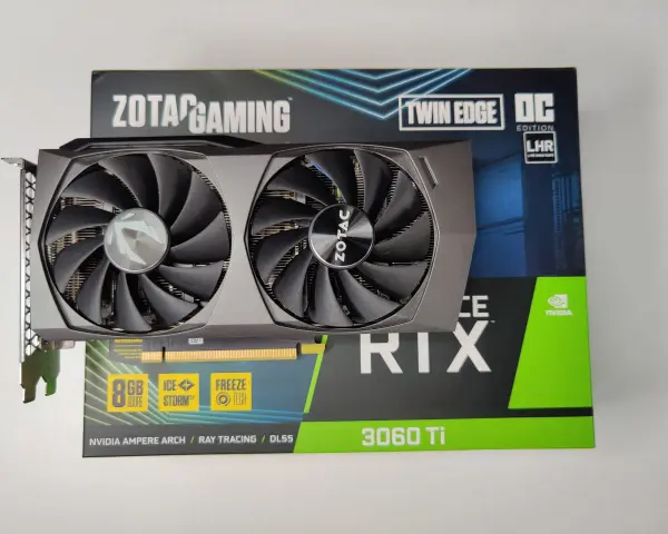 Karta graficzna ZOTAC GAMING GeForce RTX 3060 Ti Twin Edge OC z dwoma wentylatorami, dedykowana do gier.