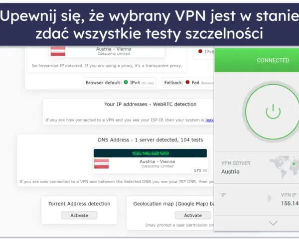 Jak sprawdzić czy VPN działa? Testy szczelności IP i DNS pokazują połączenie z Austrią.