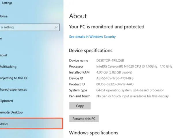 Szczegółowe właściwości komputera: nazwa DESKTOP-4RILQ6B, procesor Intel Celeron N4020, 4 GB RAM.