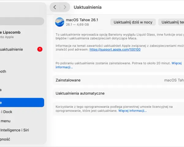 Uaktualnienie systemu operacyjnego macOS Tahoe 26.1 na MacBooku. Dostępne są nowe funkcje i poprawki bezpieczeństwa.