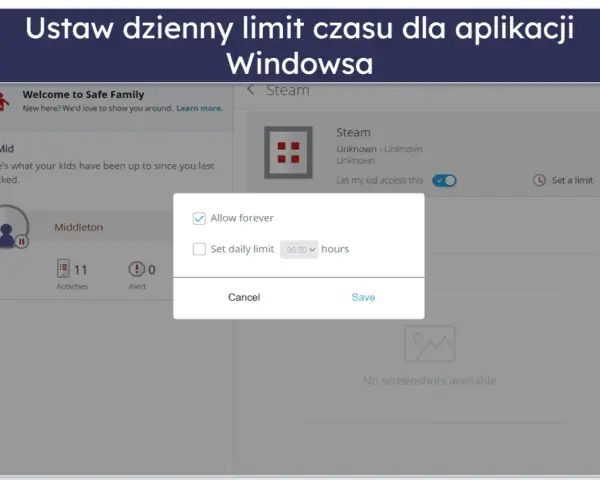 Ustawienia kontroli rodzicielskiej Windows: okno dialogowe pozwala na ustawienie dziennego limitu czasu dla aplikacji Steam lub zezwolenie na dostęp na stałe.