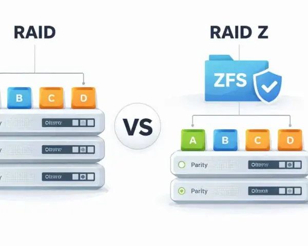 Porównanie RAID i RAID Z z ZFS. Schemat pokazuje, jak dane (A, B, C, D) są rozłożone na dyskach, ilustrując działanie **ssd raid**.