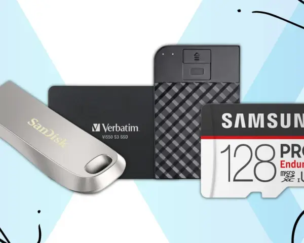 Kolekcja nowoczesnych urządzeń pamięci masowej: pendrive SanDisk, dysk SSD Verbatim i karta microSD Samsung 128GB PRO Endurance.