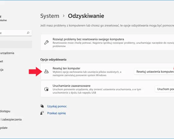 Opcje odzyskiwania systemu Windows: resetowanie komputera lub zaawansowane uruchamianie. Formatowanie Windowsa może być potrzebne.