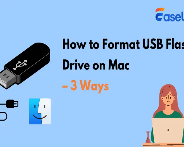 Jak sformatować pendrive na macOS? Grafika przedstawia pendrive, kabel USB, ikonę Findera i kobietę przy laptopie.
