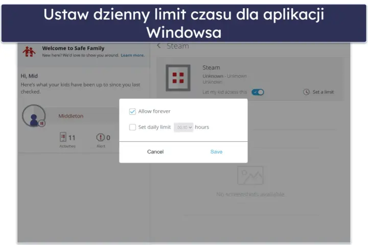 Ustawienia kontroli rodzicielskiej Windows: okno dialogowe pozwala na ustawienie dziennego limitu czasu dla aplikacji Steam lub zezwolenie na dostęp na stałe.