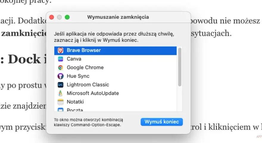 Okno "Wymuszanie zamknięcia" na Macu, gdzie widać listę aplikacji, w tym Brave Browser. To narzędzie, jak manager zadań, pomaga zamknąć zawieszony program.