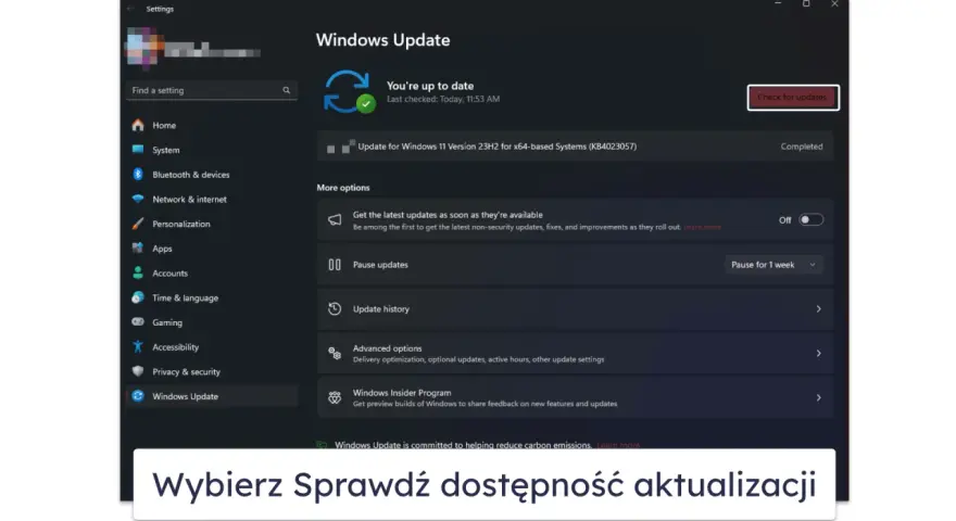 Ekran Ustawień Windows z sekcją Windows Update. Kliknij "Sprawdź dostępność aktualizacji", aby dowiedzieć się, jak włączyć aktualizacje Windows 10.