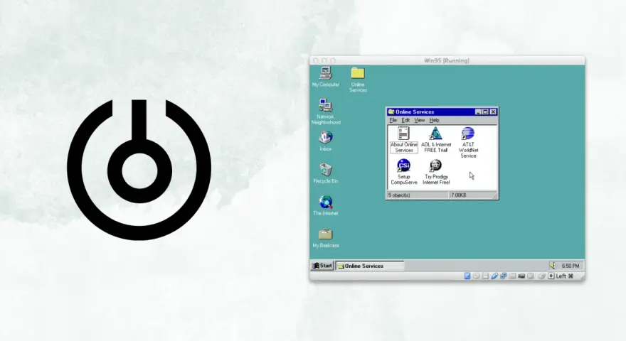 Ekran Windows 95 z ikonami usług online. Dowiedz się, jak zablokować ekran Windows, aby chronić swoje dane.