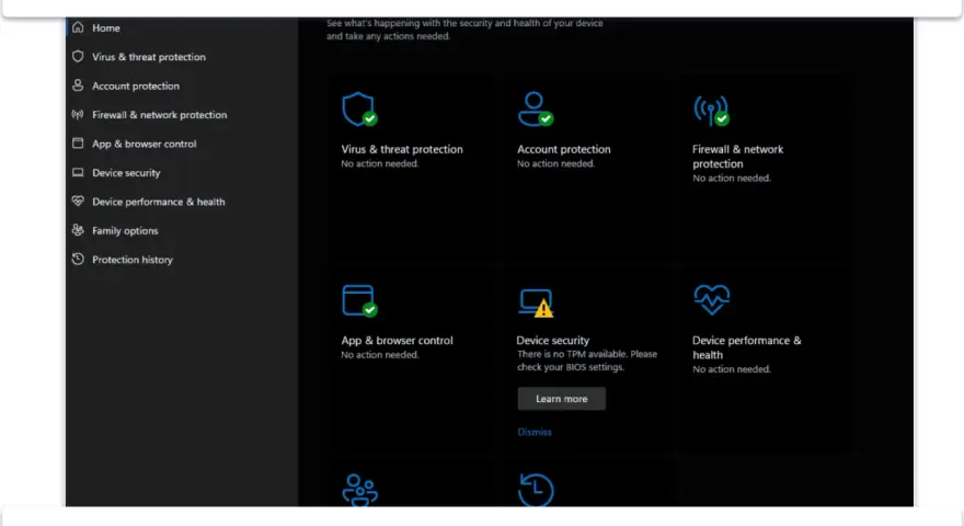 Ekran Windows Defender pokazuje ochronę antywirusową i inne zabezpieczenia. Choć jest dobry, istnieją lepsze antywirusy.
