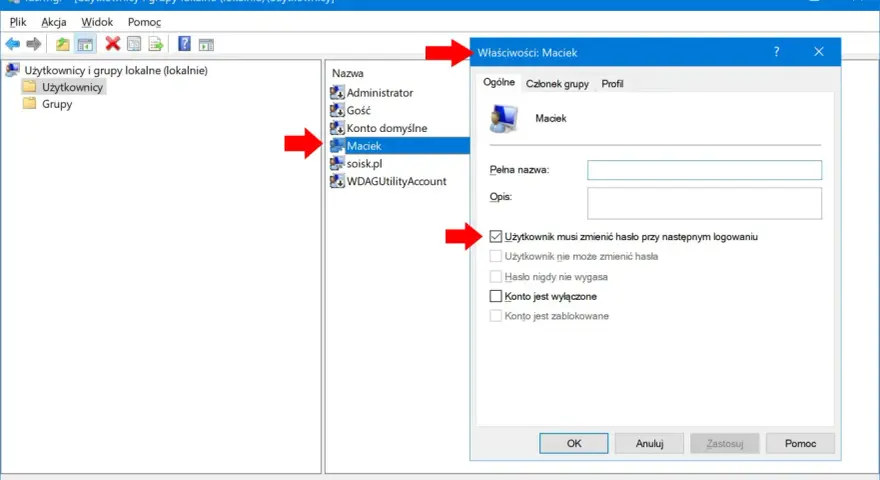 Zarządzanie użytkownikami Windows 10: okno właściwości konta Maciek, gdzie można ustawić uprawnienia administratora.