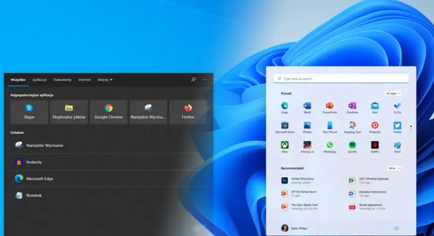 Porównanie interfejsów Windows 10 i 11, z menu start i ikonami aplikacji. Który system lepszy do gier?