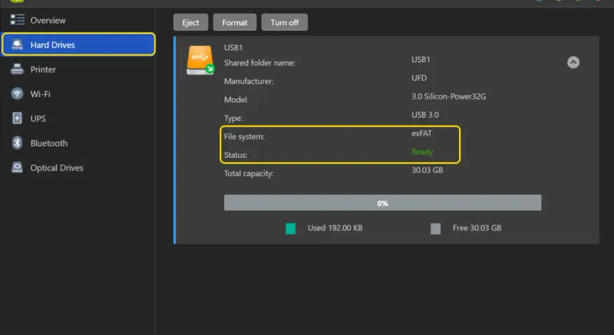 Dysk USB1 ma system plików exFAT, gotowy do użycia. Alternatywnie można wybrać NTFS.