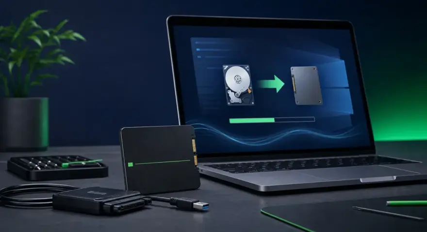 Klonowanie dysku M.2 na nowy SSD. Laptop pokazuje proces kopiowania danych z HDD na SSD.