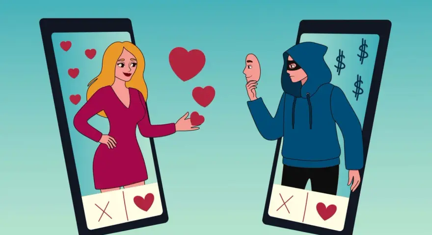 Oszust w masce ukrywa swoje zamiary, gdy kobieta na ekranie telefonu wysyła serduszka. To przykład co to catfishing – fałszywa tożsamość w sieci dla zysku.