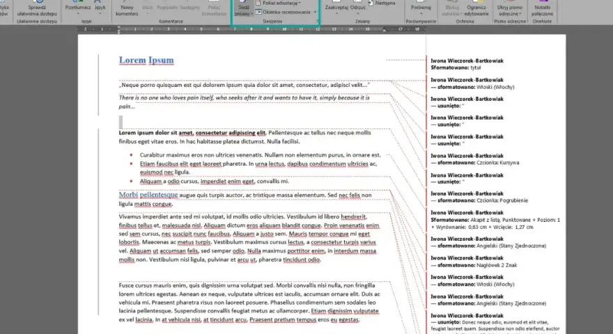 W panelu "Recenzja" widać opcje śledzenia zmian, jak cofnąć coś na komputerze, np. usunięty tekst.