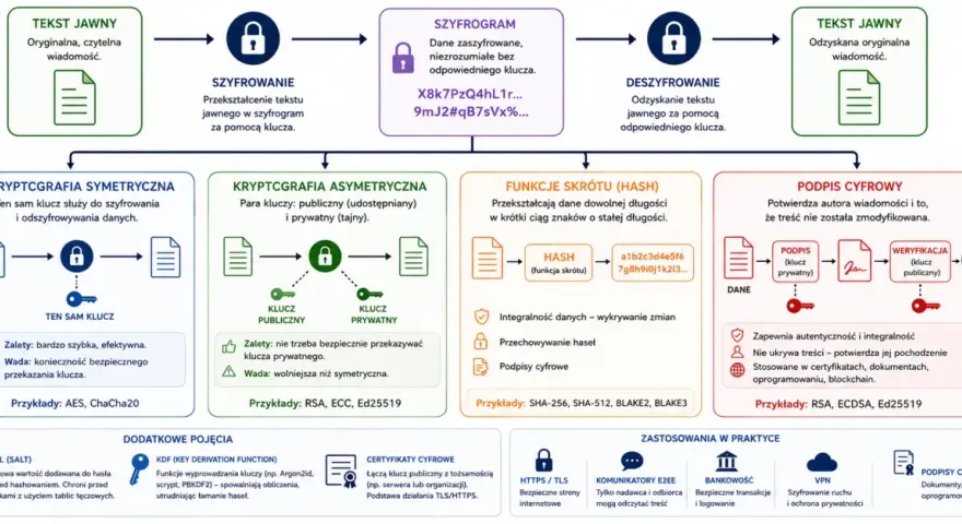 Kryptografia klucza publicznego: asymetryczna z kluczem publicznym i prywatnym, używana w podpisach cyfrowych i certyfikatach.