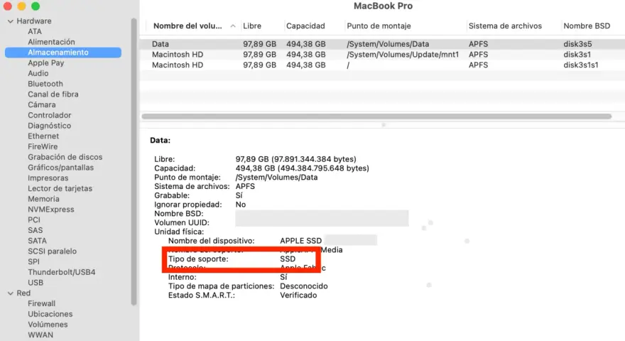 Jak sprawdzić jaki mam dysk: w Informacjach o systemie, w sekcji "Almacenamiento", w szczegółach "Data" widać "Tipo de soporte: SSD".
