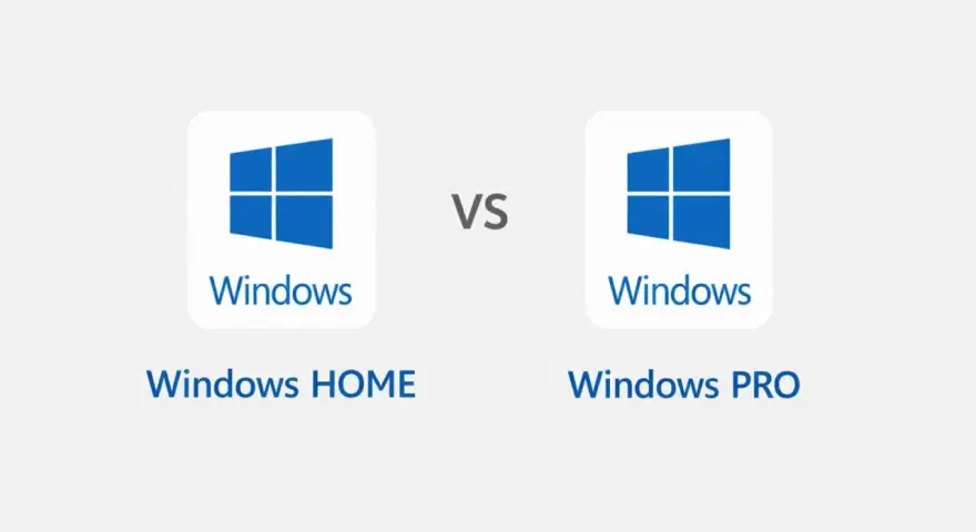 Porównanie: Windows HOME vs Windows PRO. Dwa logotypy Windows z napisem "Windows HOME" i "Windows PRO".