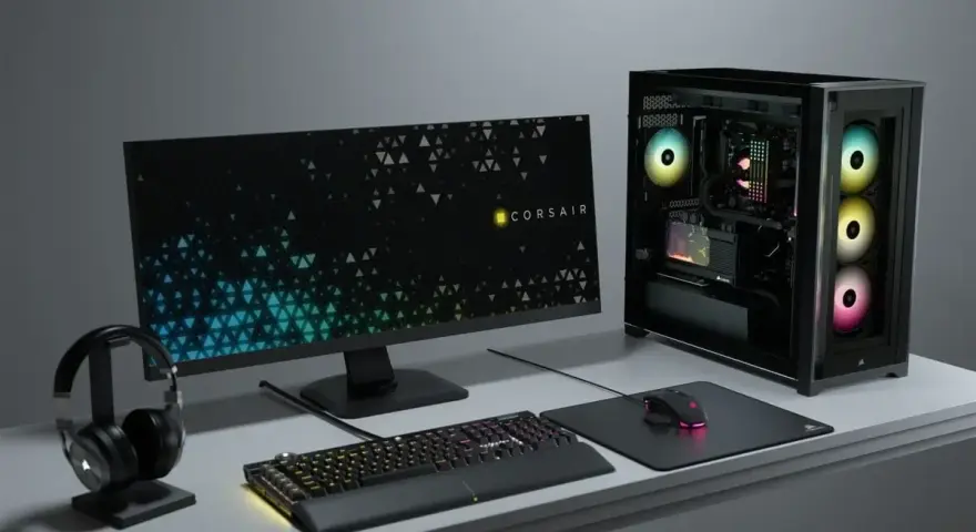 Komputer z podświetleniem ARGB vs RGB. Zestaw Corsair: obudowa, monitor, klawiatura, mysz i słuchawki.