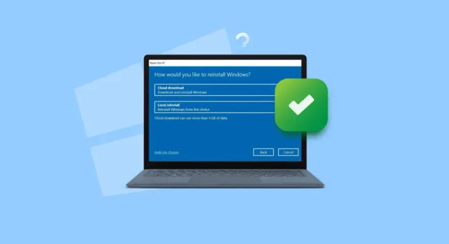 Ekran wyboru opcji reinstalacji Windows 10: pobieranie z chmury lub lokalna. Zielony znacznik potwierdza wybór.