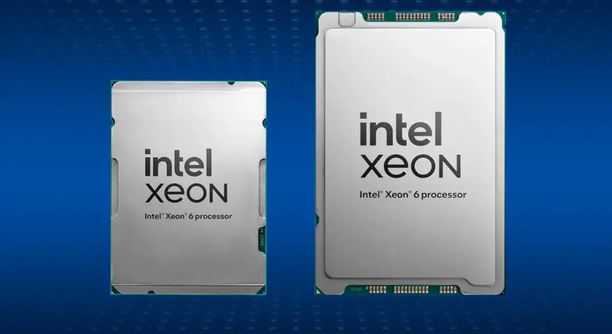 Dwa procesory Intel Xeon, jeden mniejszy, drugi większy, na niebieskim tle.