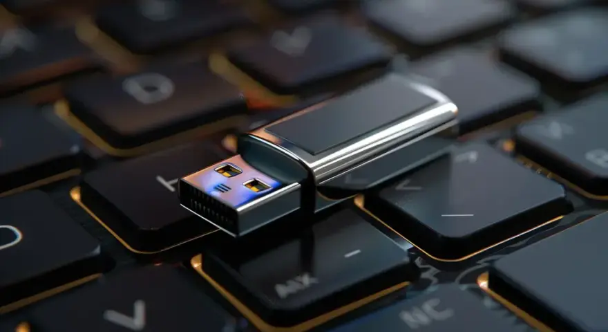 Srebrny pendrive na klawiaturze. Dowiedz się, jak zaszyfrować pendrive, by chronić swoje dane.