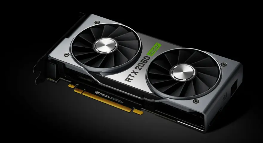 Karta graficzna NVIDIA RTX 2060 Super z dwoma wentylatorami. Jej pamięć karty graficznej zapewnia płynność w grach.