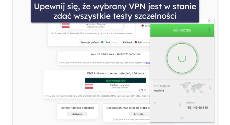 Jak sprawdzić czy VPN działa? Testy szczelności IP i DNS pokazują połączenie z Austrią.