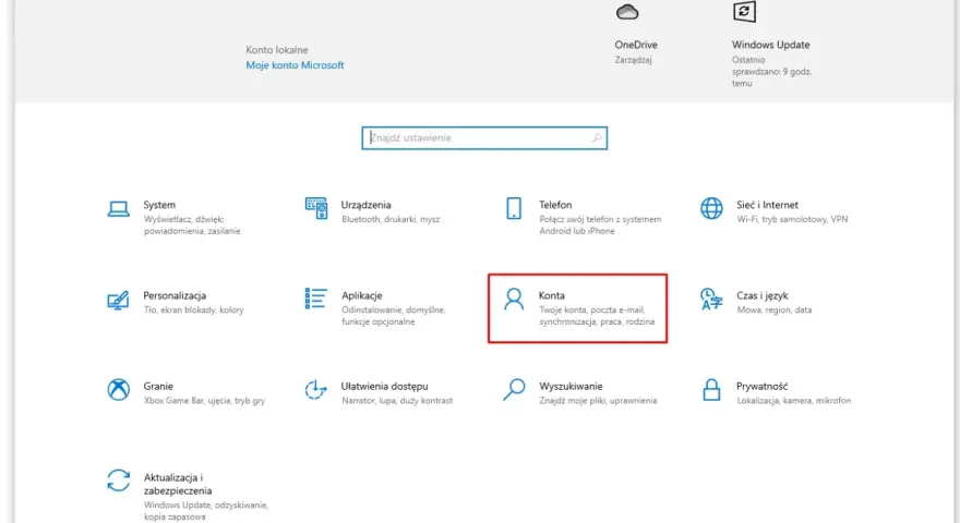 Ustawienia konta w Windows 10. Kliknij "Konta", aby dowiedzieć się, jak dodać użytkownika Windows 10.