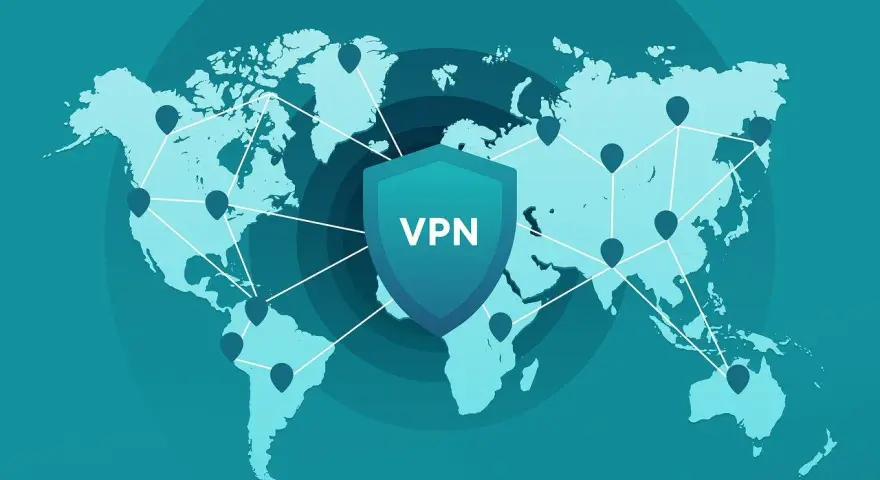 Mapa świata z siecią połączeń i tarczą z napisem VPN. Dowiedz się, nordvpn co to jest i jak działa.