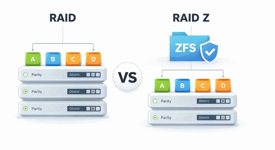 Porównanie RAID i RAID Z z ZFS. Schemat pokazuje, jak dane (A, B, C, D) są rozłożone na dyskach, ilustrując działanie **ssd raid**.