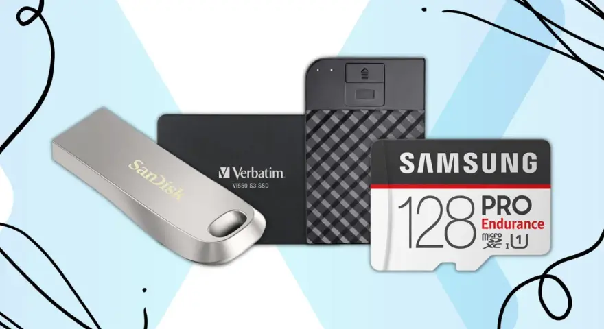 Kolekcja nowoczesnych urządzeń pamięci masowej: pendrive SanDisk, dysk SSD Verbatim i karta microSD Samsung 128GB PRO Endurance.