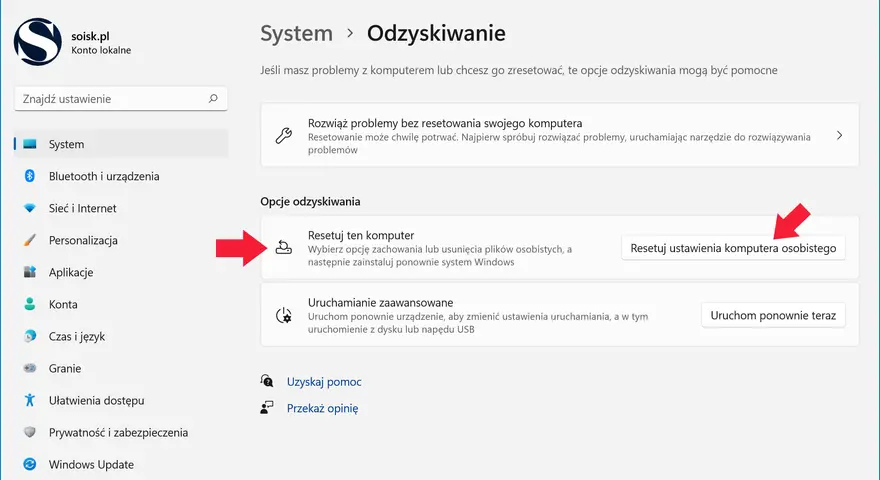 Opcje odzyskiwania systemu Windows: resetowanie komputera lub zaawansowane uruchamianie. Formatowanie Windowsa może być potrzebne.